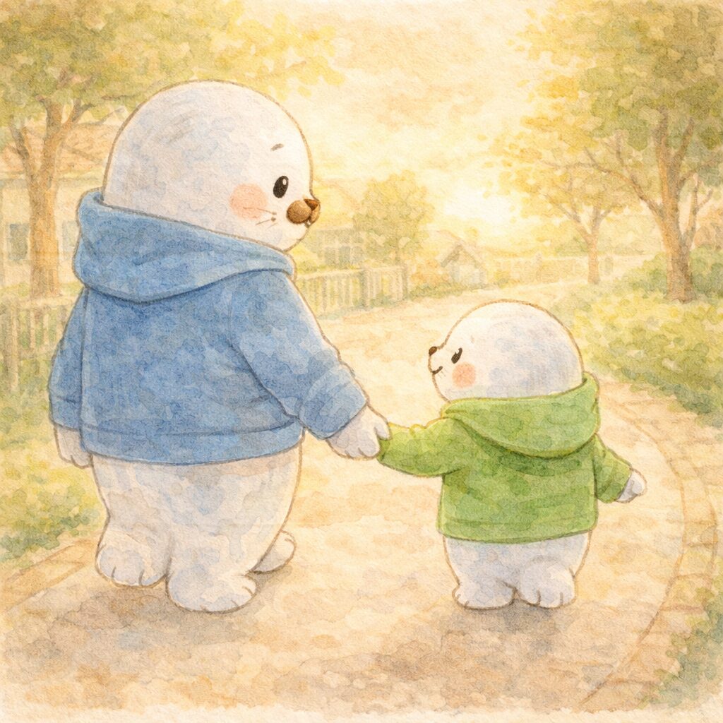 検査のあと、親子で手をつないで歩いている場面