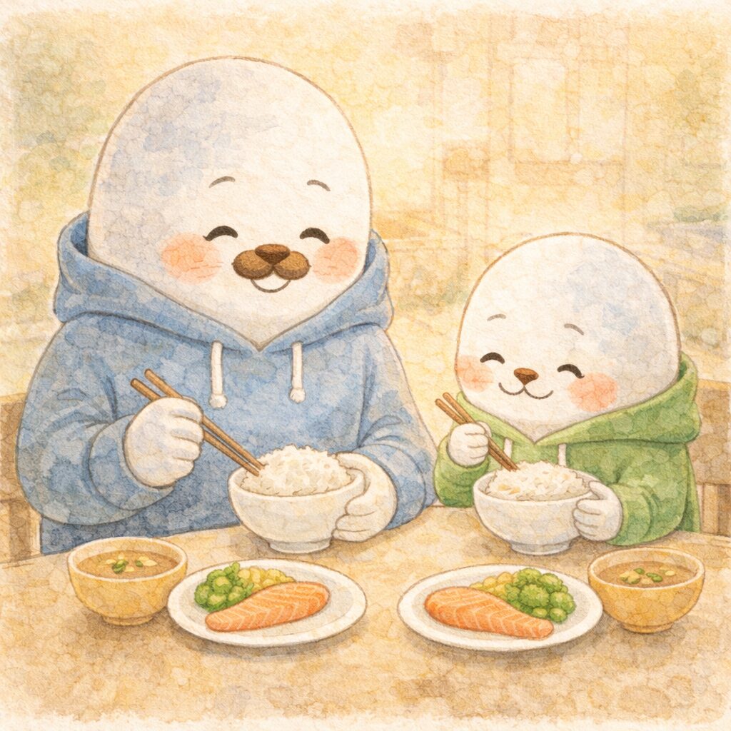 親あざらしと子どもあざらしが一緒においしそうなごはんを食べているシーン