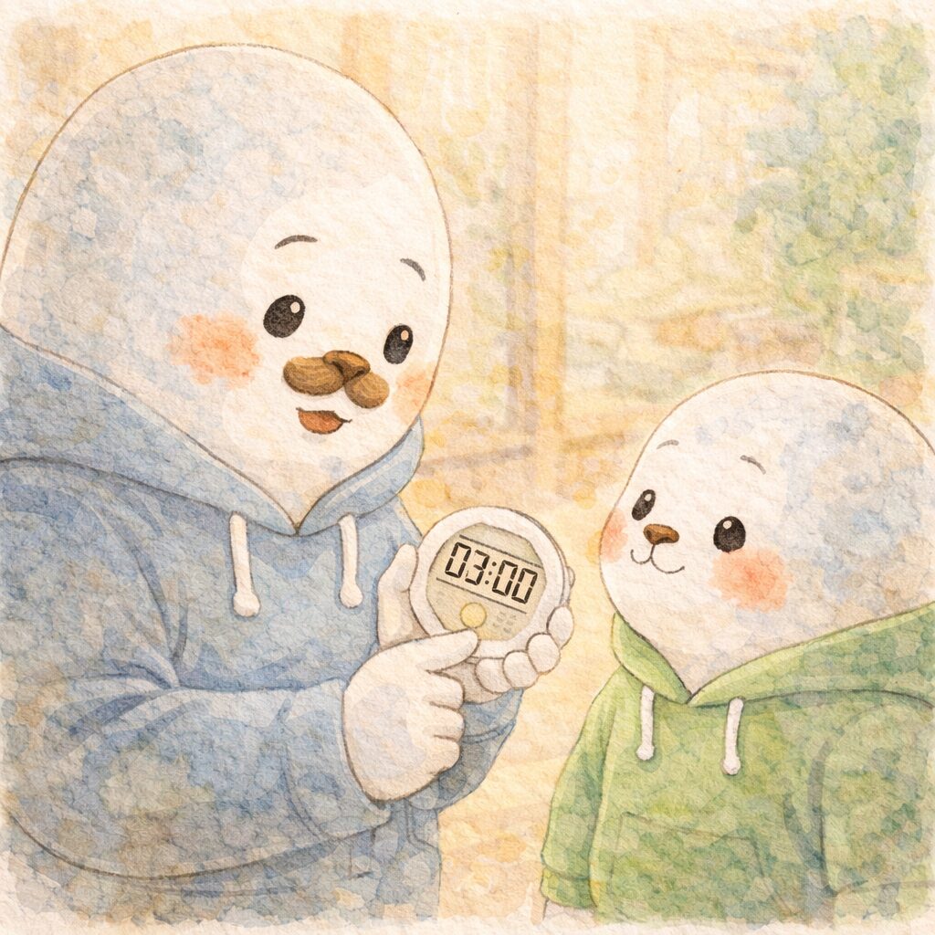 タイマーを手に持ちながら子どもあざらしに説明する親あざらし