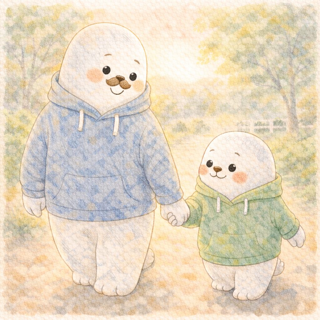 親あざらしと子どもあざらしが手をつないで穏やかに歩くシーン