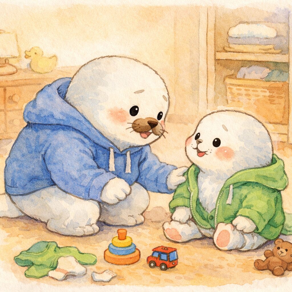 しゃがんで子どもあざらしと目線を合わせて話す親あざらし