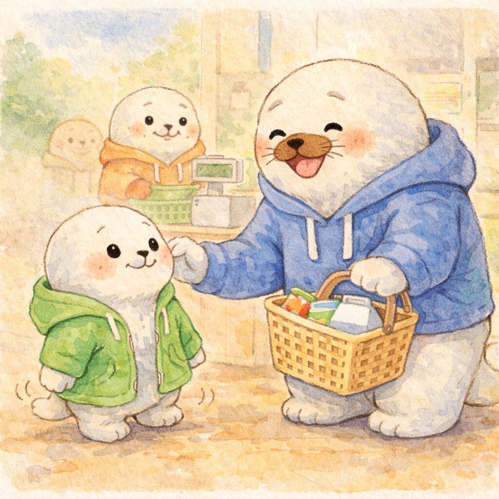 順番を待てた子どもあざらしを満面の笑みで褒める親あざらし