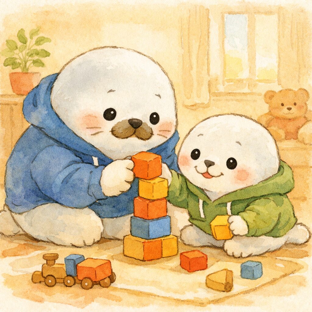 親あざらしと子どもあざらしが並んで一緒に練習しているやさしいシーン