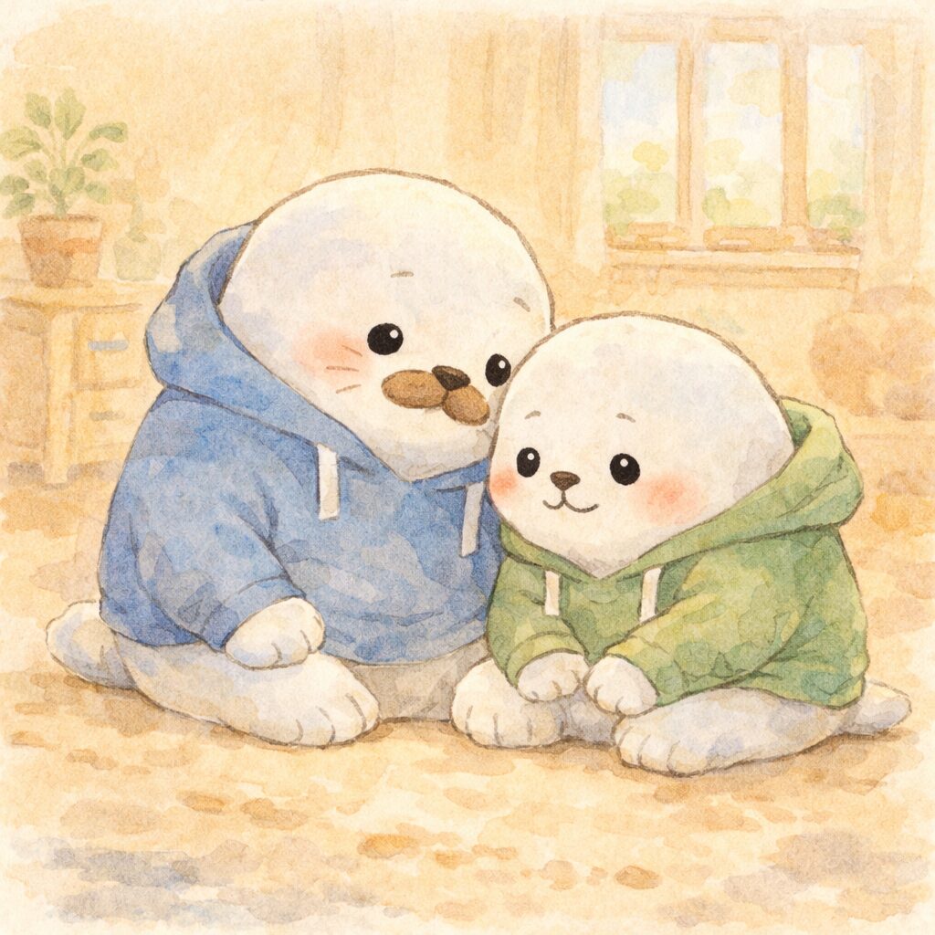 怒りが収まった後、子どもあざらしの隣にそっと寄り添う親あざらし