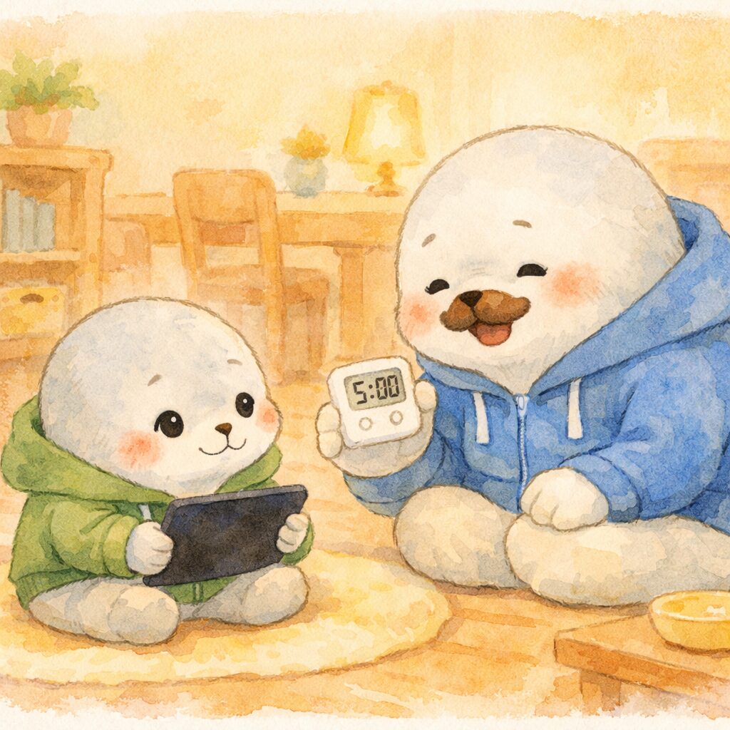 タイマーを見せながら穏やかに終わりを伝える親あざらしと、納得した様子の子どもあざらし