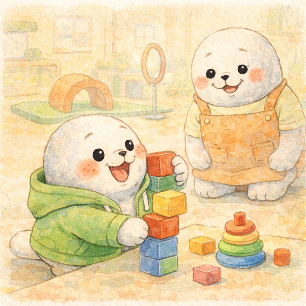 療育施設で楽しそうに活動する子どもあざらしと温かく見守る先生