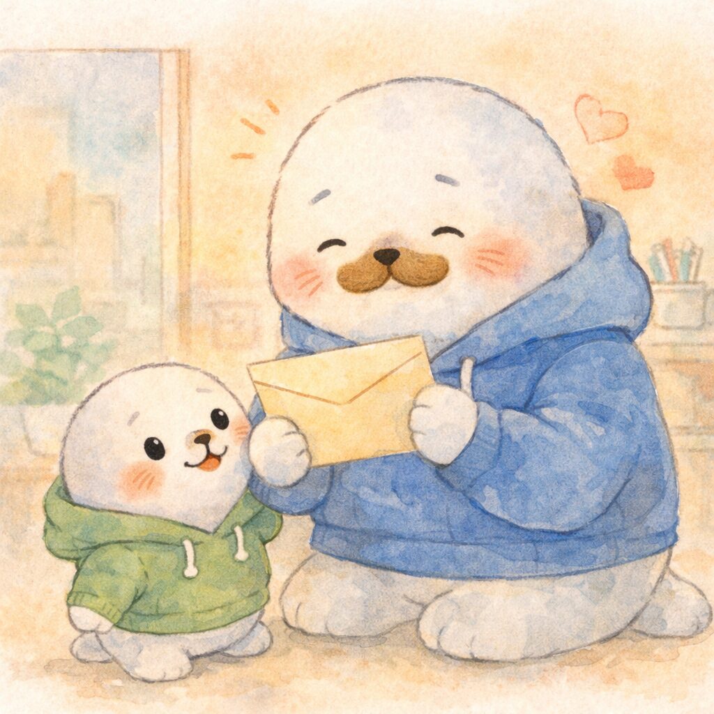 封筒を受け取ってほっとした表情の親あざらし