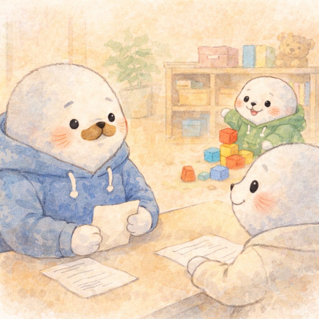 先生と穏やかに面談する親あざらし、後ろで楽しそうに遊ぶ子どもあざらし