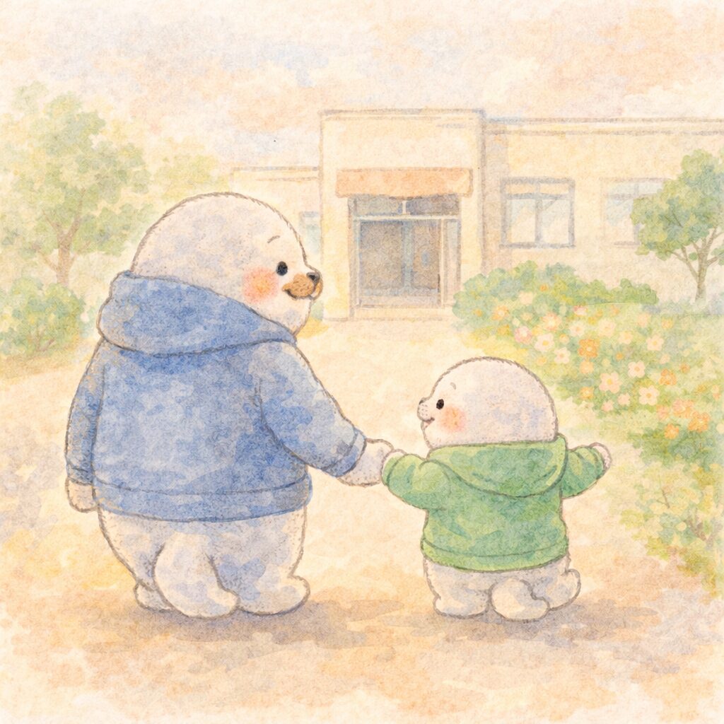 親あざらしと子どもあざらしが一緒に施設へ向かって歩くシーン