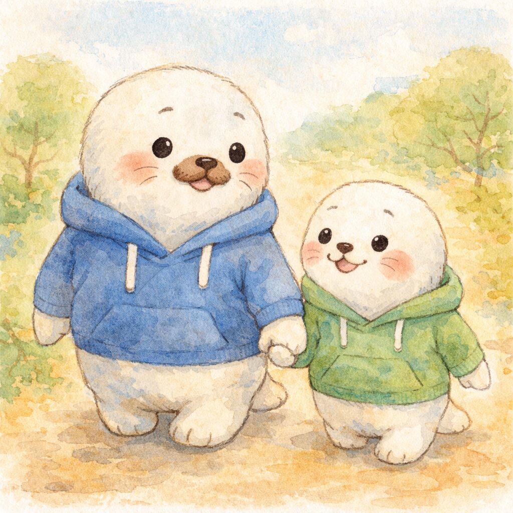 手をつないで前向きに歩く親あざらしと子どもあざらし