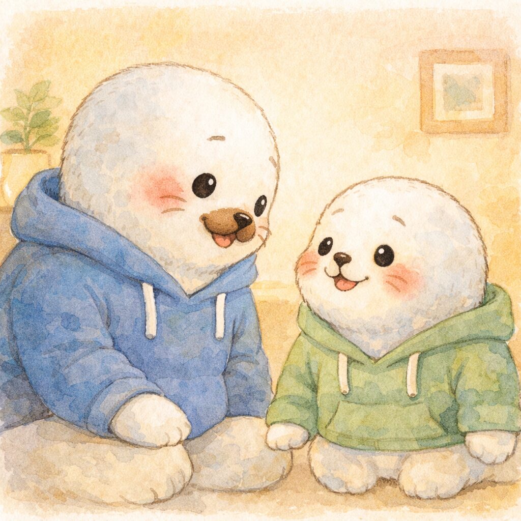 目線を合わせて穏やかに話す親あざらしと子どもあざらし