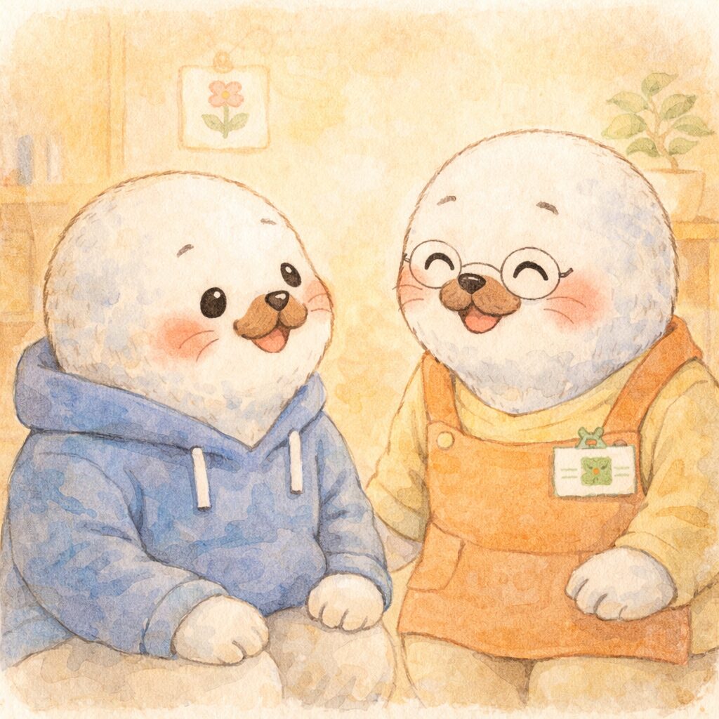 穏やかに笑顔で話す親あざらしと先生らしいキャラクター