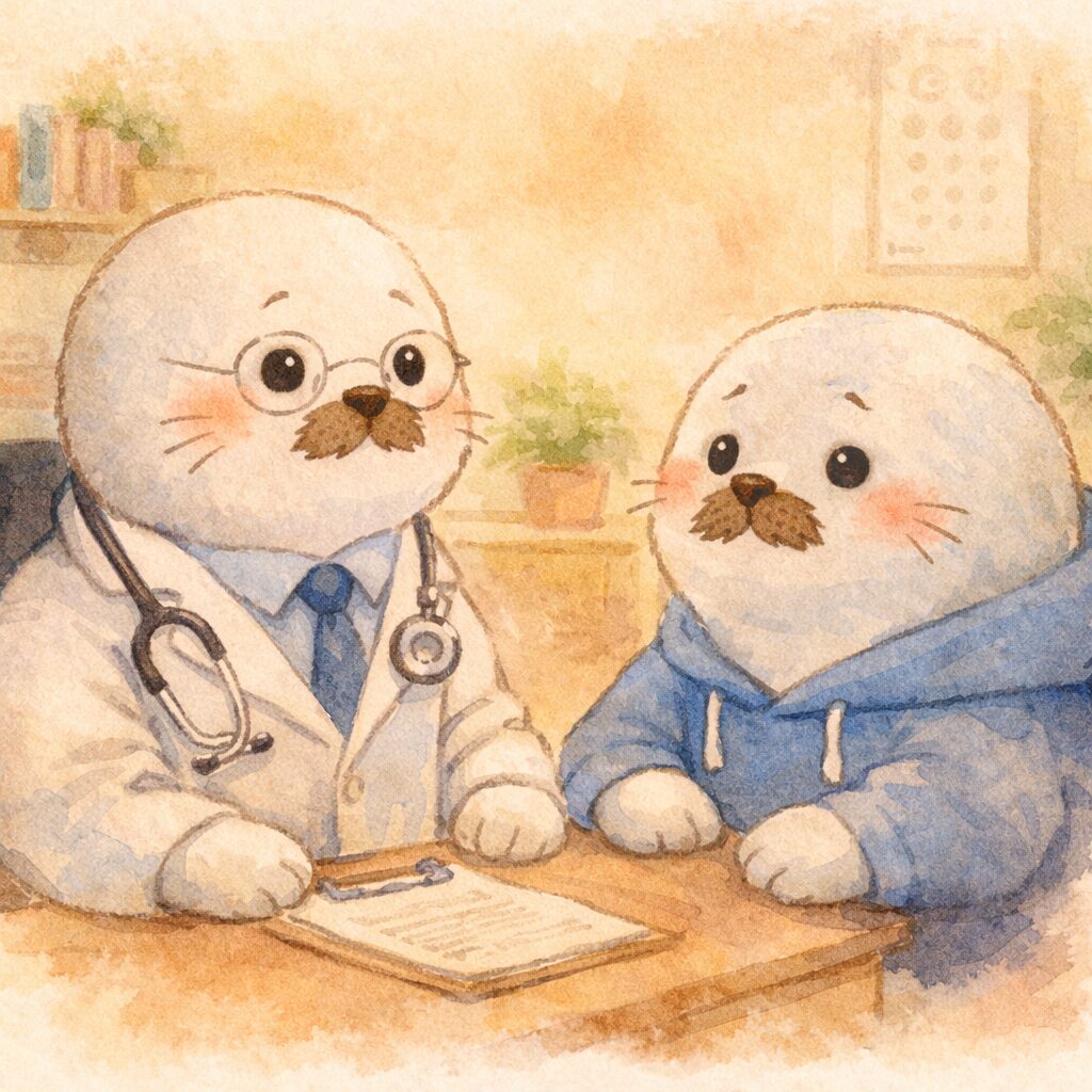 診察室で専門医らしいキャラクターと静かに話す親あざらし