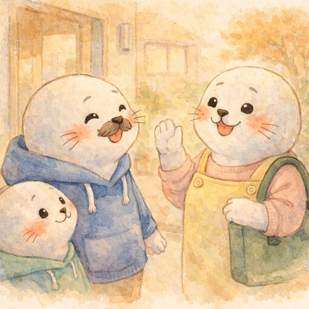 お迎えの場面で笑顔で気軽に話す親あざらしと先生