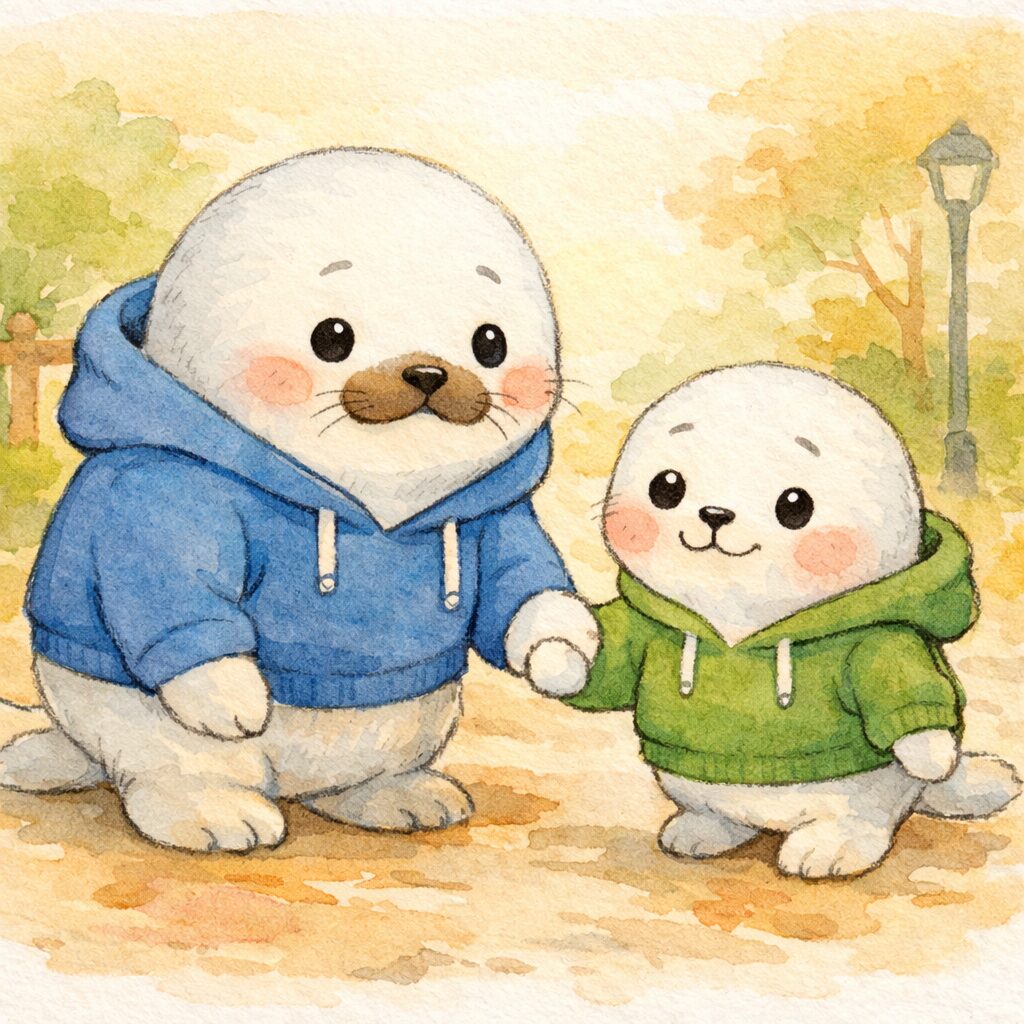 手をつないで前を向く親あざらしと子どもあざらし