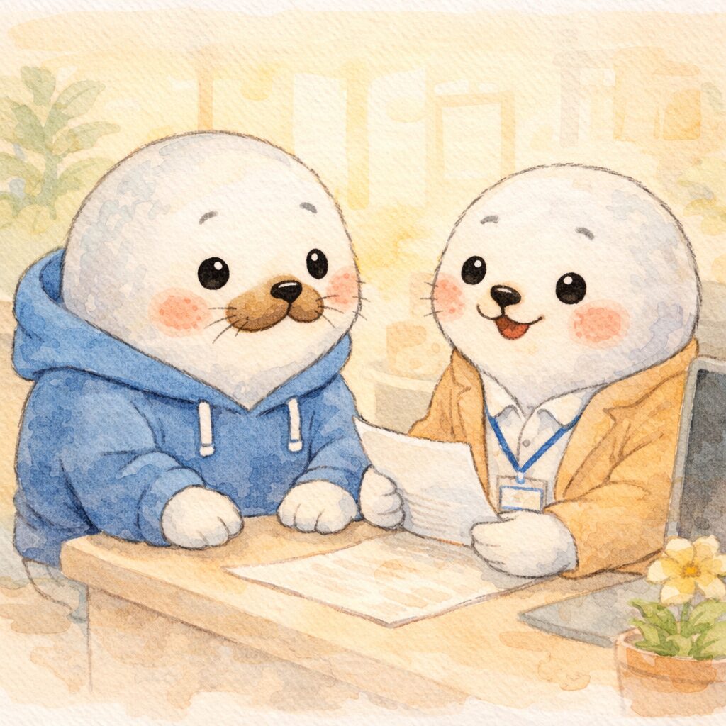 区の窓口で相談員と穏やかに話す親あざらし