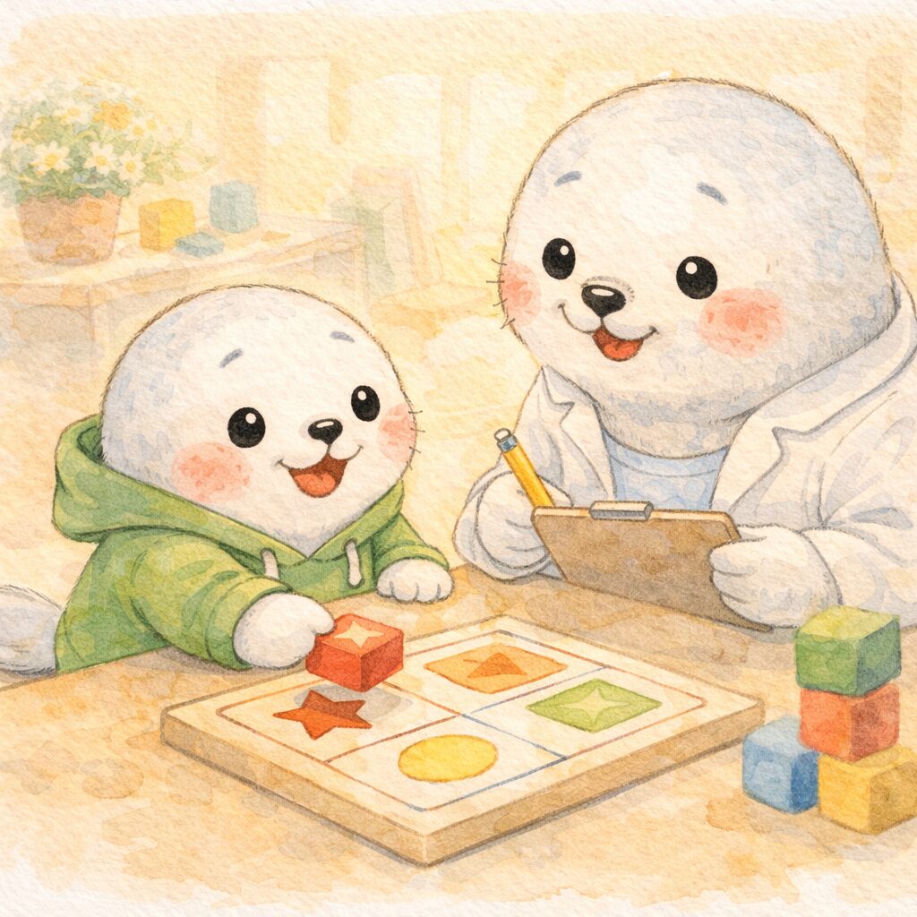 検査員と楽しそうに課題に取り組む子どもあざらし