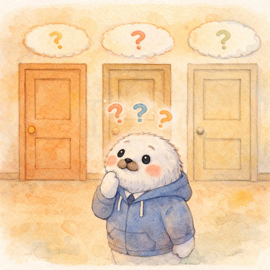 いくつかの扉の前で考える親あざらし