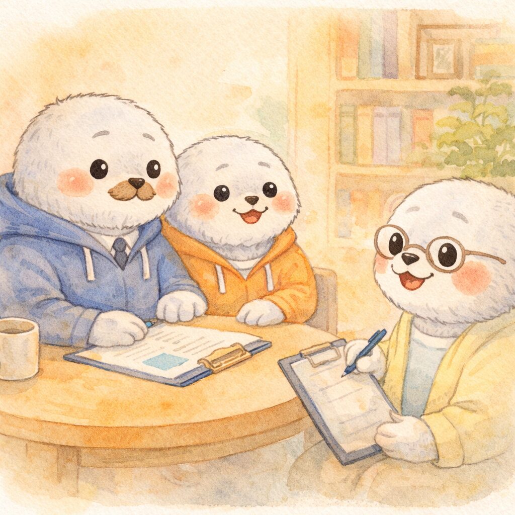 先生と一緒に面談する親あざらしと奥さまあざらし