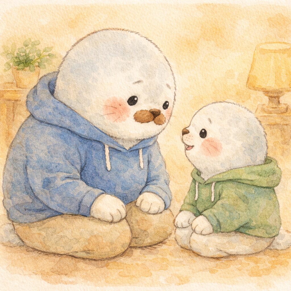 向き合って穏やかに話す親あざらしと子どもあざらし