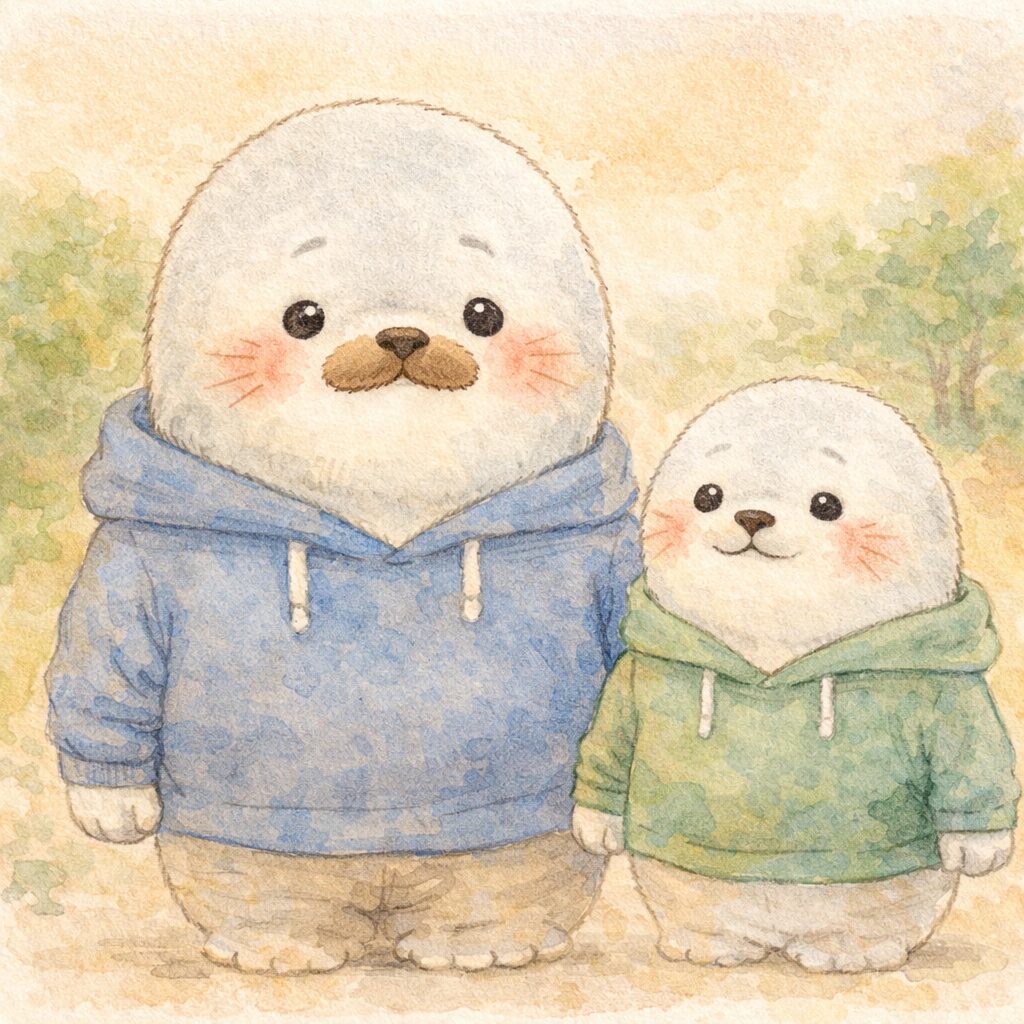 並んで前を向く親あざらしと子どもあざらし