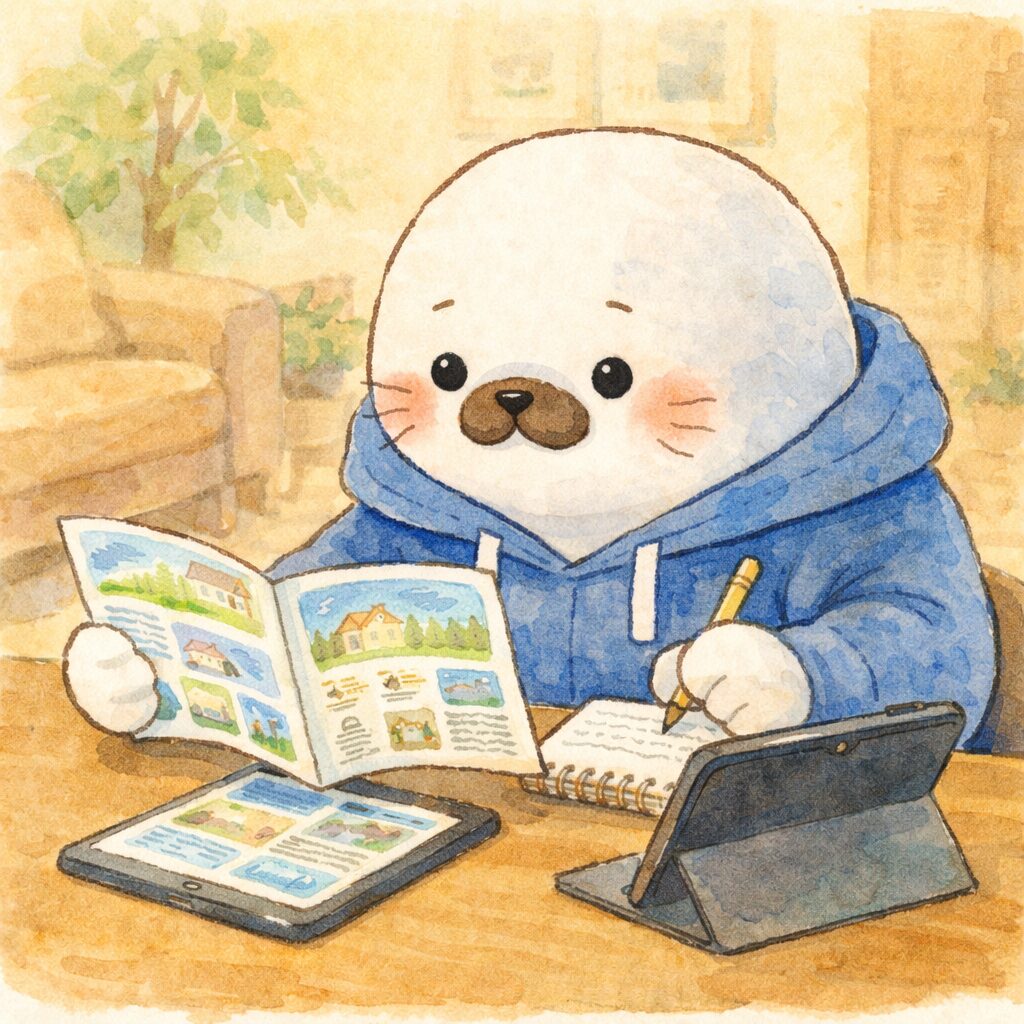 あざらし先輩が子供の教育について、色々調べている