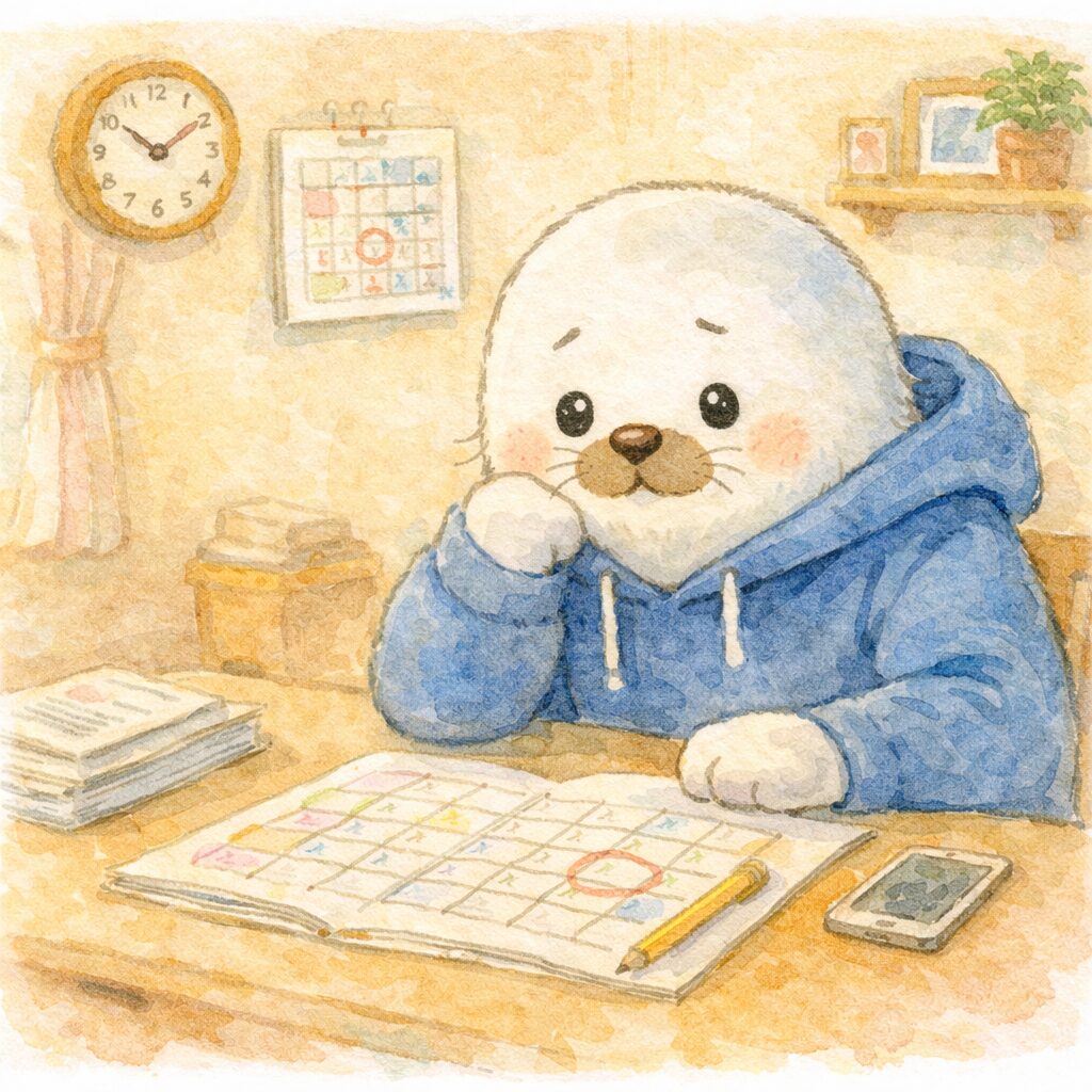 通所療育と仕事や家庭の予定を見ながら考え込む父親あざらし