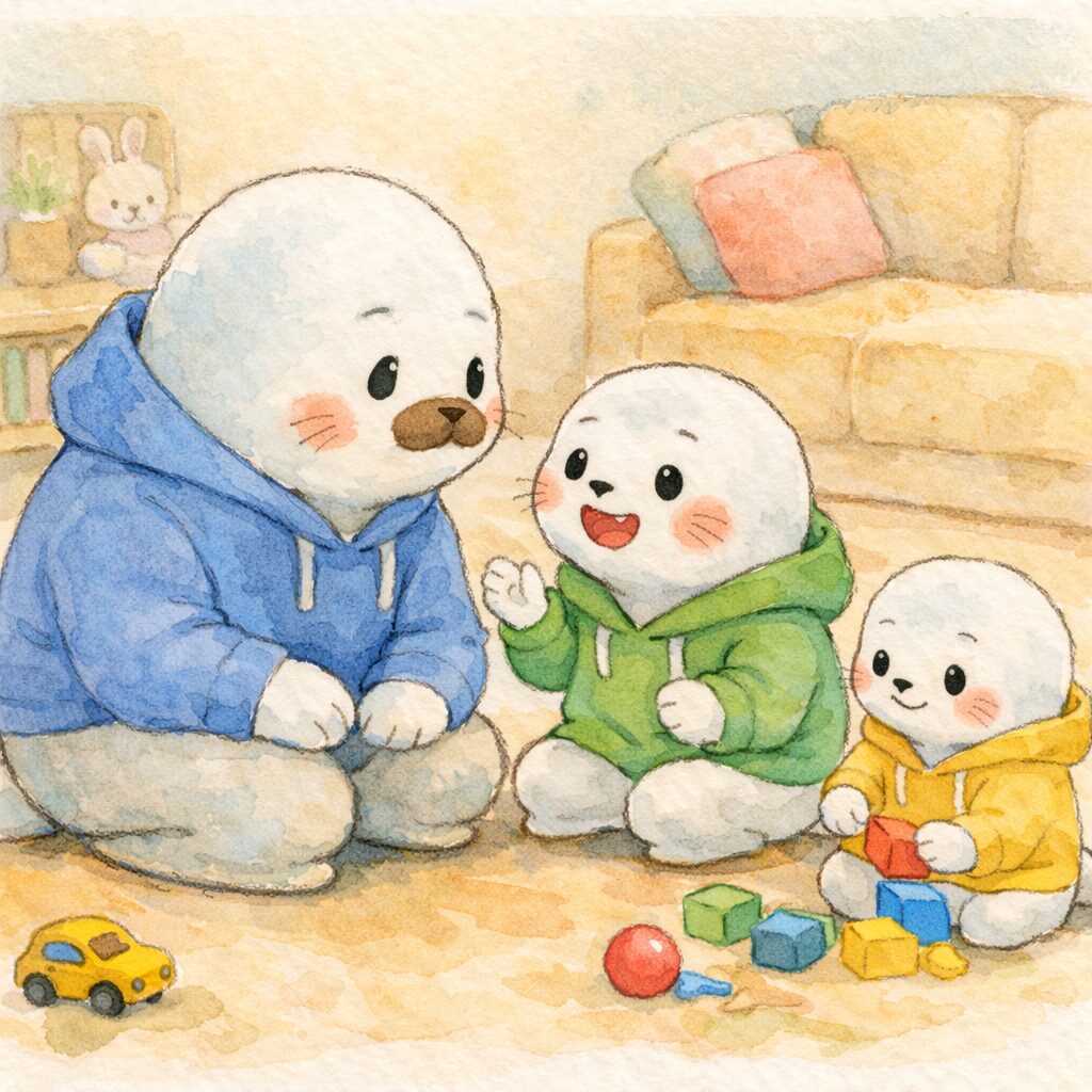 青いパーカーの親あざらしが、緑のパーカーの子あざらしの話をしゃがんで聞いている