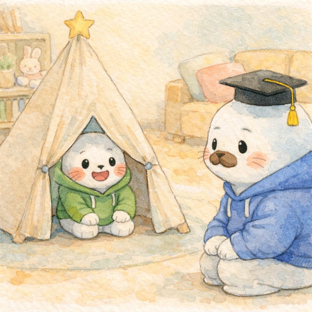 リビングの隅にあるキッズテントから子あざらしが顔を出し、博士帽のあざらし先輩が見守る