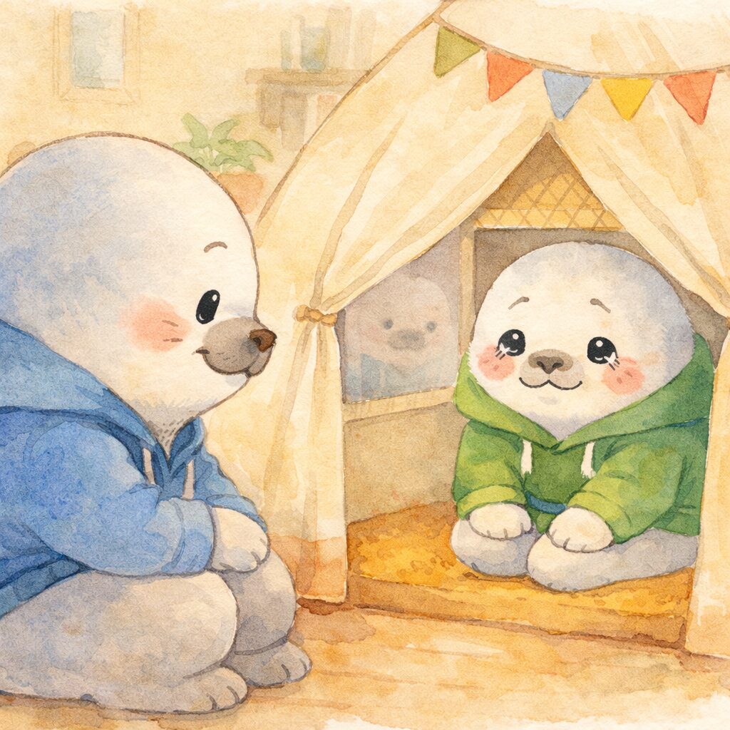 キッズテントの中で少しずつ落ち着き始める子あざらしと、テントの外でそっと待つ親あざらし