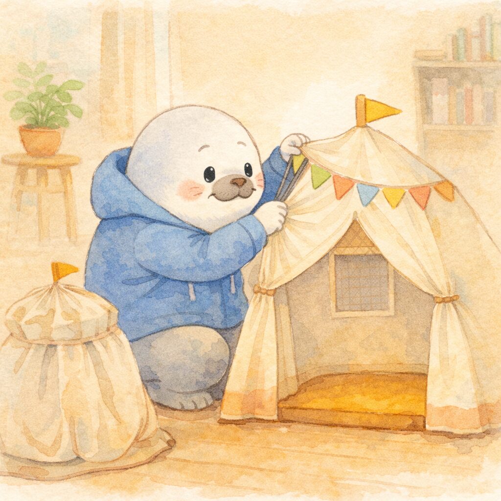 リビングでポール式のキッズテントを組み立てる青いパーカーの親あざらしと、ワクワクして見ている子あざらし