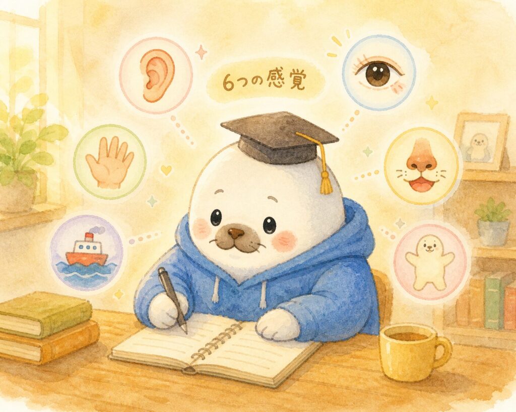 博士帽をかぶった青パーカーのあざらし先輩が机で6つの感覚について考え、書き留めている水彩風イラスト
