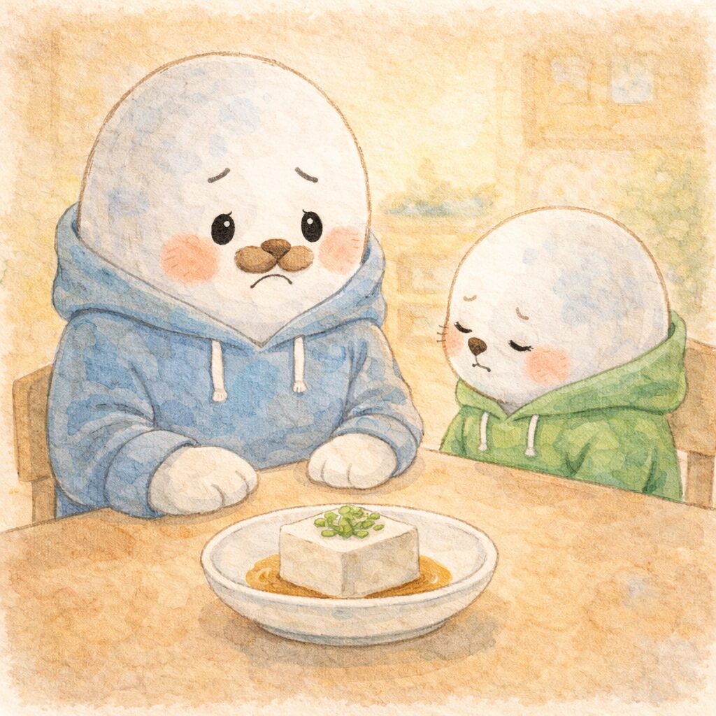 豆腐のお皿を見て困り顔の親あざらしと、顔を背ける子どもあざらし