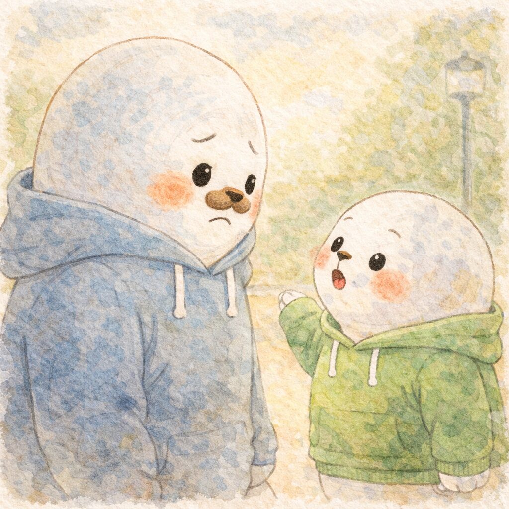 「あとどのくらい？」と聞いてくる子どもあざらしと、困り顔で向き合う親あざらし