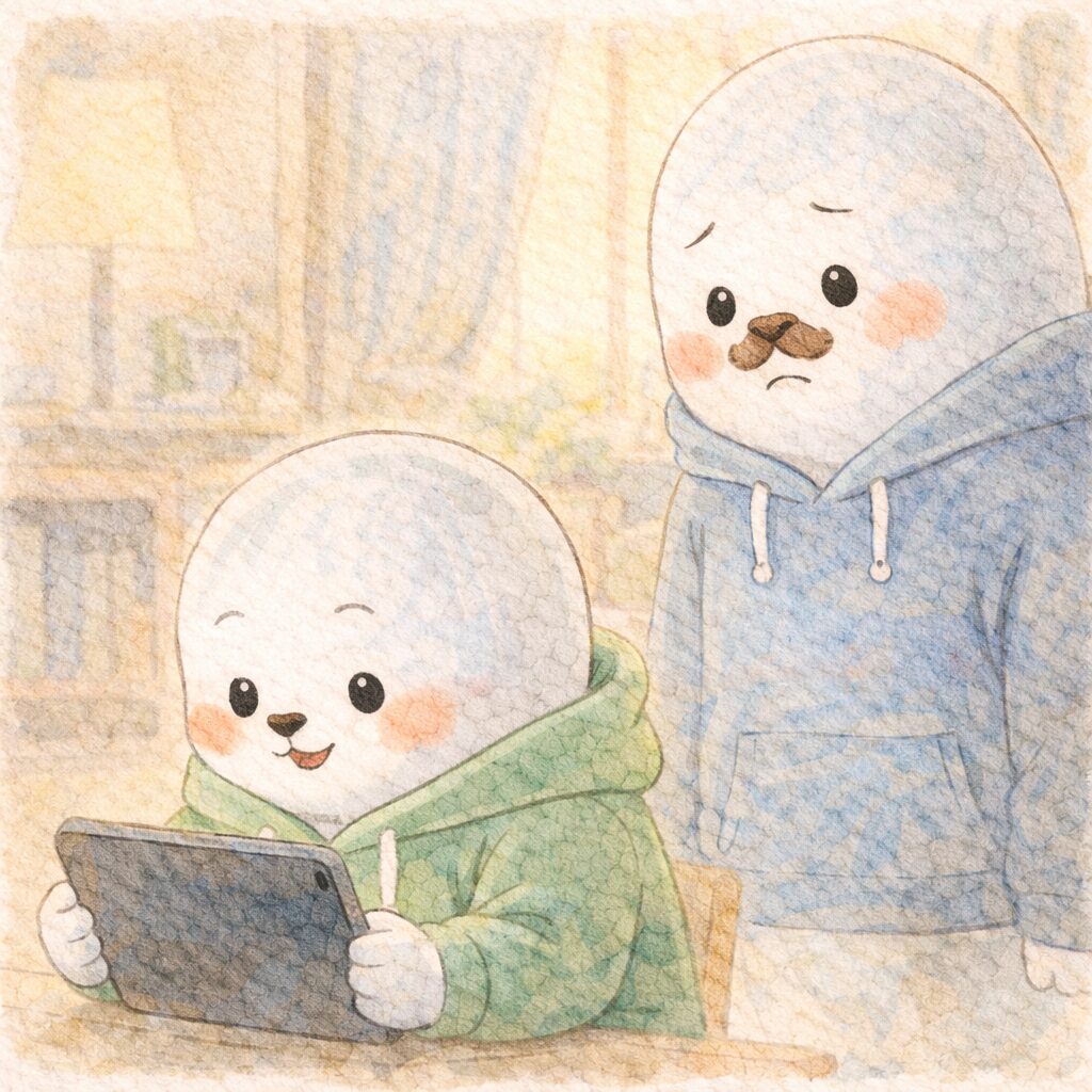 タブレットに夢中な子どもあざらしと、困り顔で横に立つ親あざらし