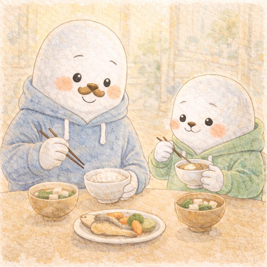 親あざらしと子どもあざらしが並んで穏やかに食事をしているシーン