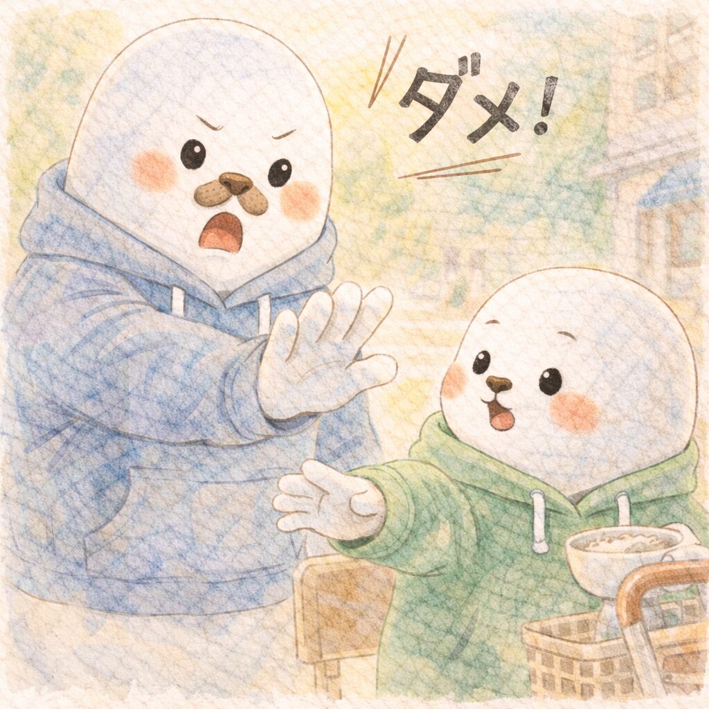 何かに手を伸ばす子どもあざらしに「ダメ！」と声をかける親あざらし