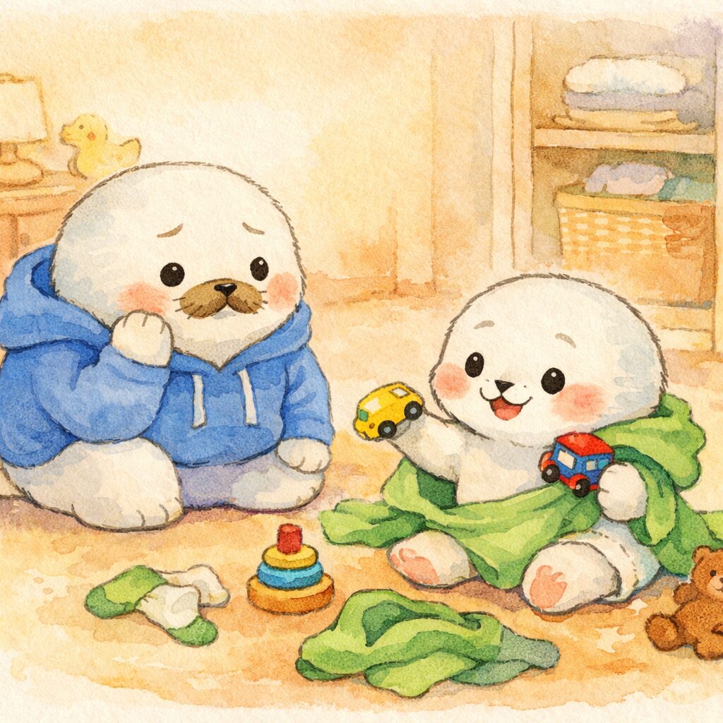 着替えの途中でおもちゃに気をとられる子どもあざらしと、困り顔で見守る親あざらし