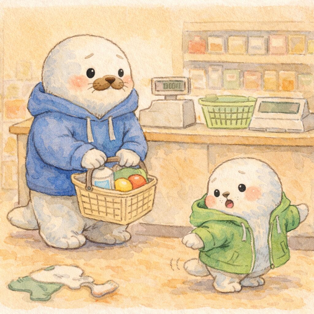 レジに並ぶ親あざらしの隣で落ち着かずうろうろする子どもあざらし