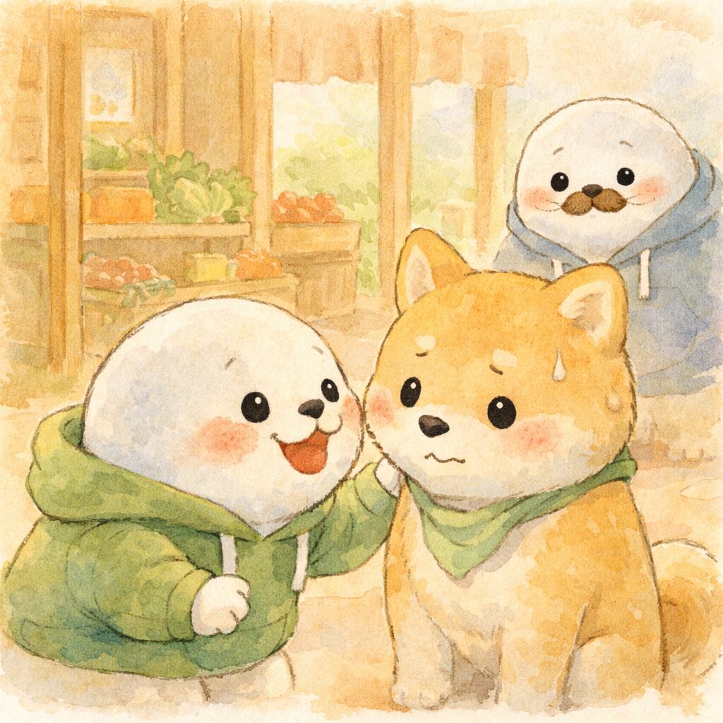 初対面の相手に距離感なく話しかける子どもあざらしと、心配そうに見守る親あざらし