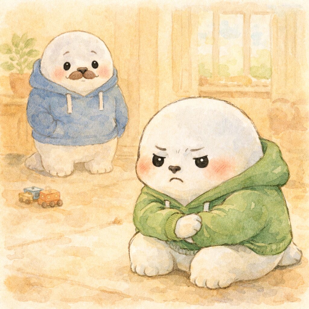 床に座り込んで怒る子どもあざらしを、少し離れてそっと見守る親あざらし