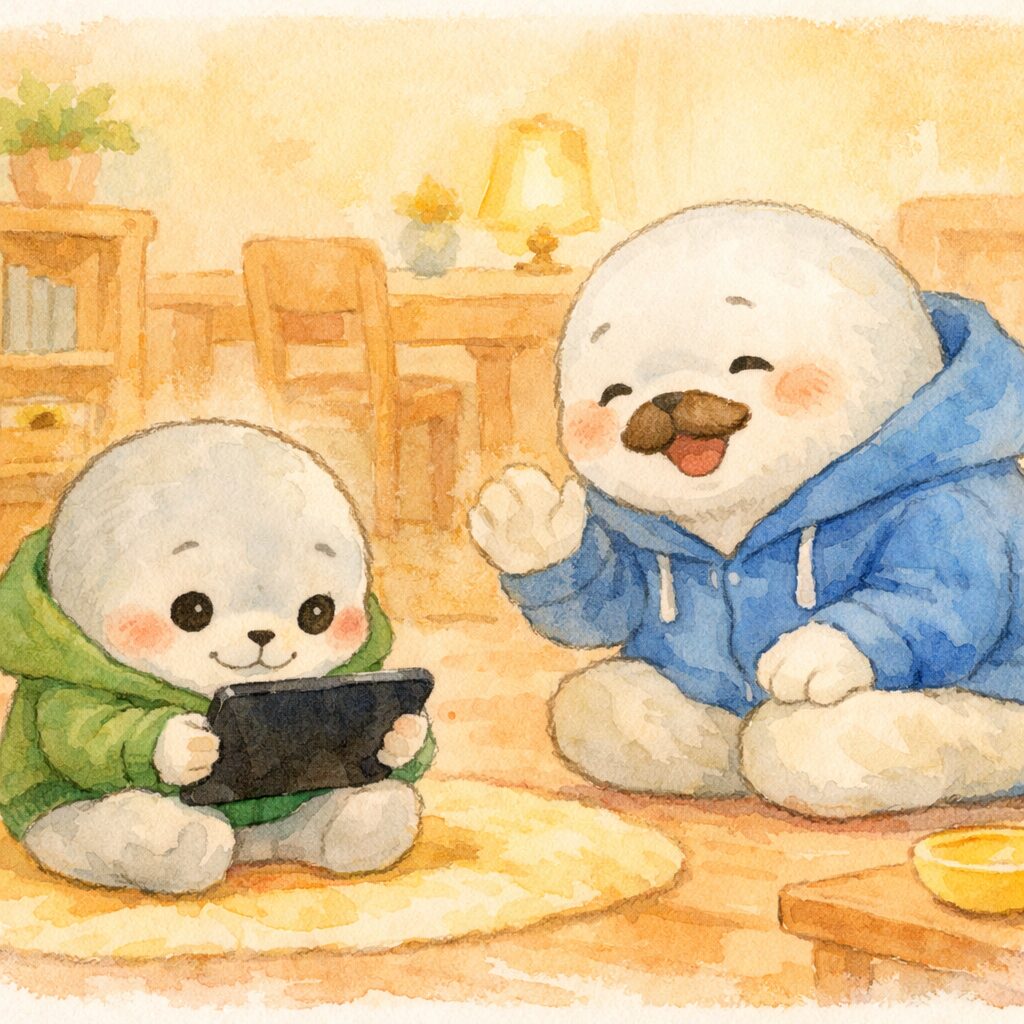 タブレットに夢中で呼びかけが全く届かない子どもあざらしと、困り顔で声をかける親あざらし