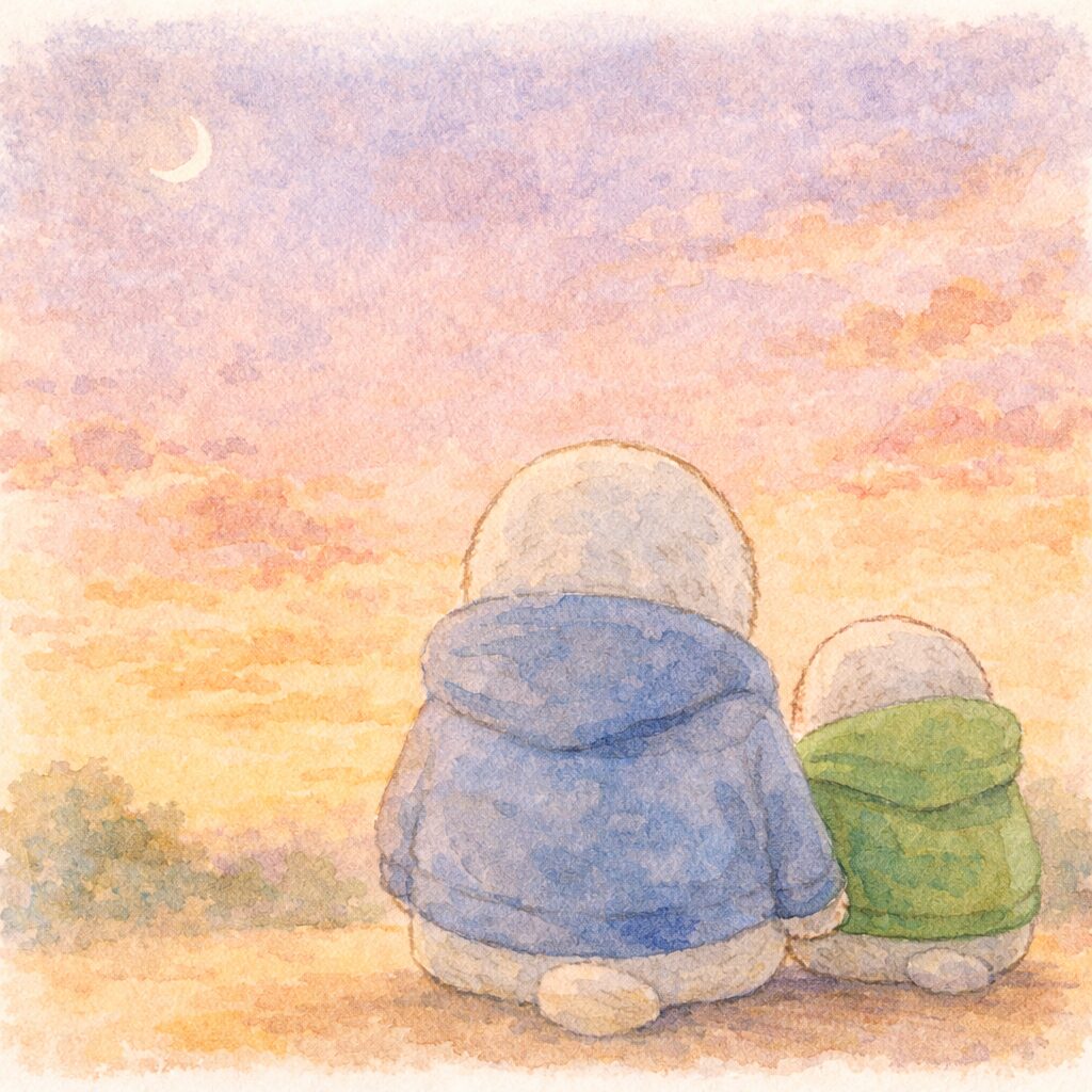 夕暮れの空を並んで見つめる親あざらしと子どもあざらしの後ろ姿