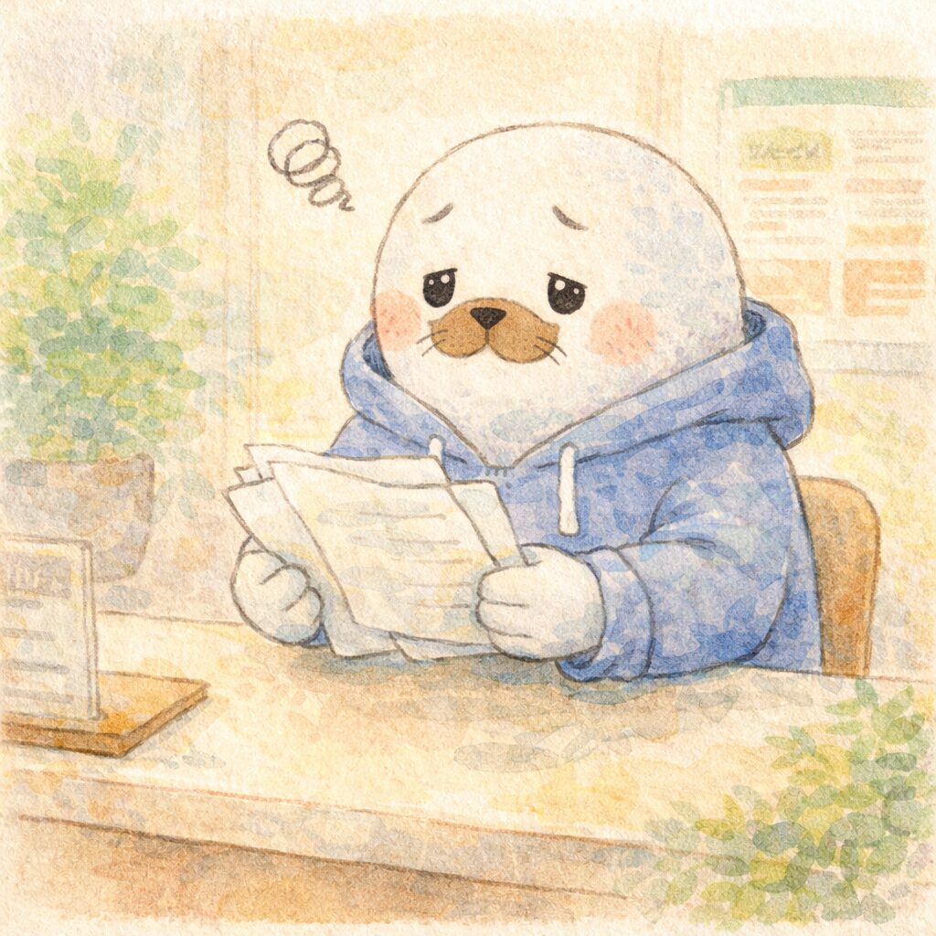 書類を持ちながら困り顔で考える親あざらし