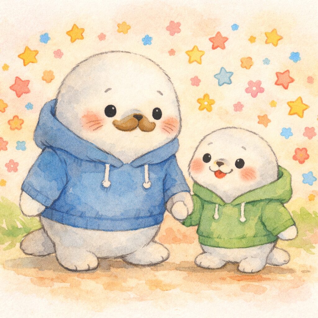 親あざらしと子どもあざらしが並んで歩いているやさしいシーン