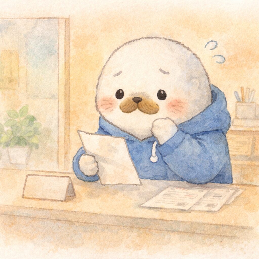 書類を手に持って困り顔で考える親あざらし