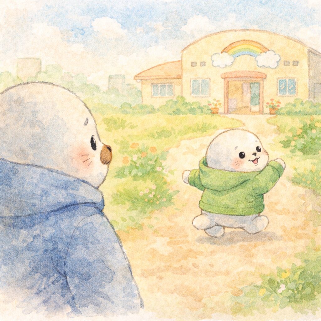 療育施設に向かって元気よく歩く子どもあざらしと、見送る親あざらし