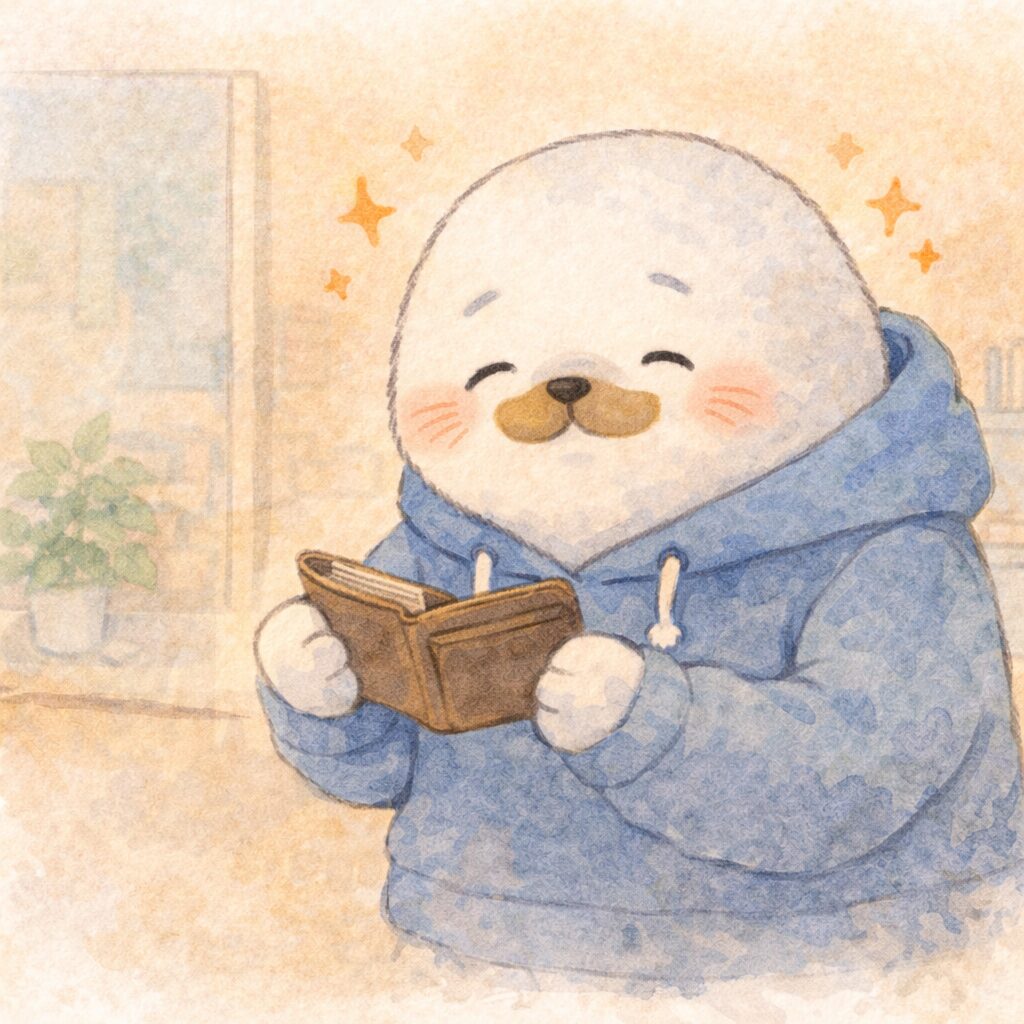 財布を見てほっとした表情の親あざらし