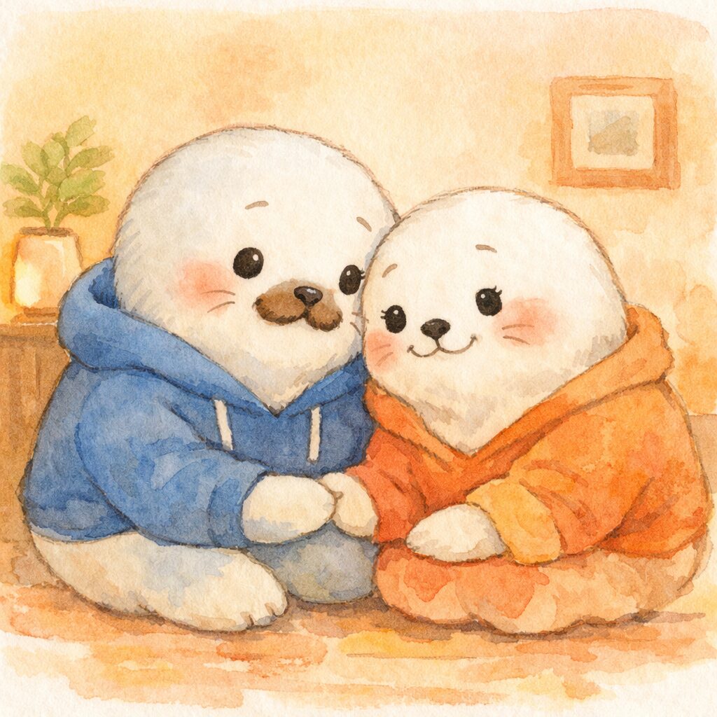 診断後に寄り添いながら穏やかに話す親あざらしと奥さまあざらし