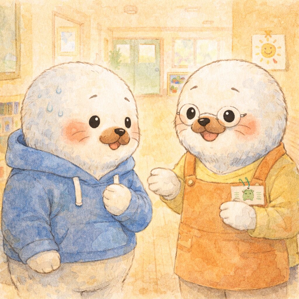 少し緊張した様子で担任の先生に話しかける親あざらし